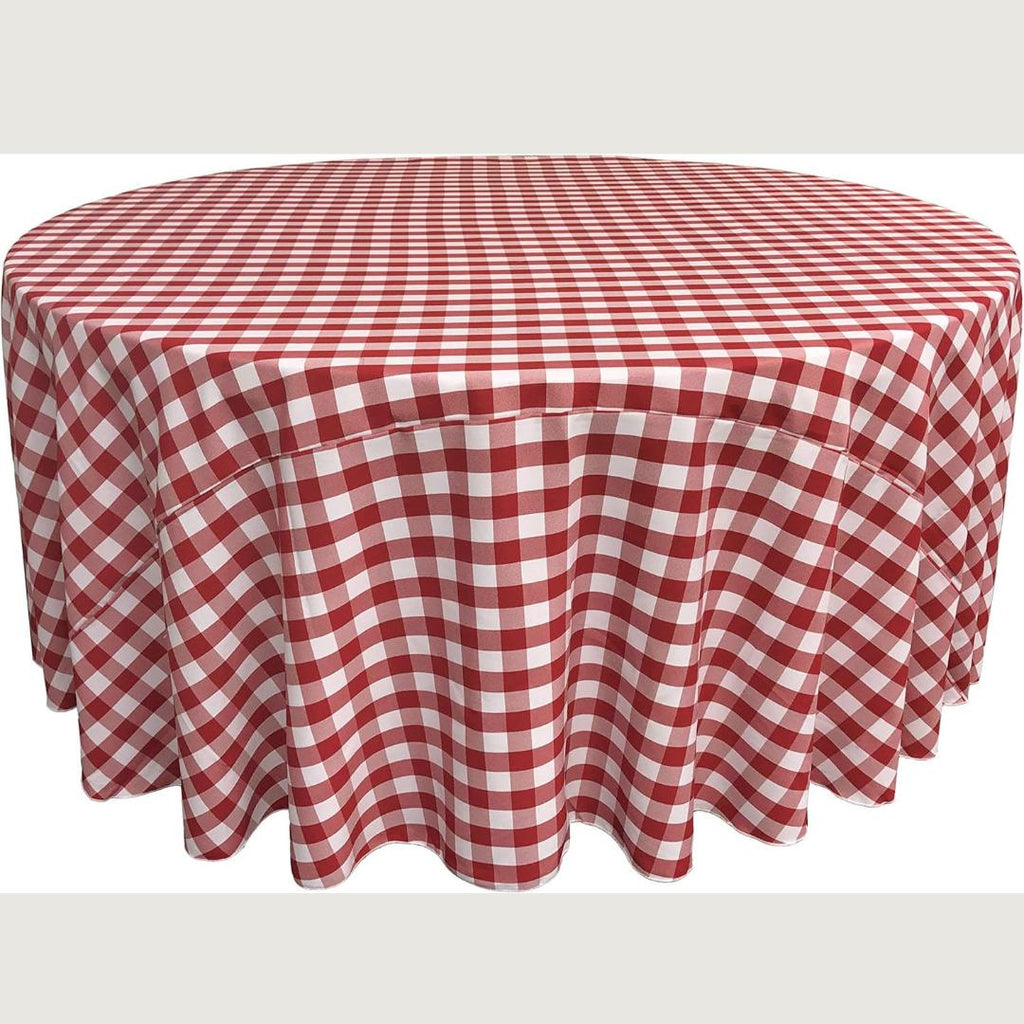 WHITE/RED - Polyester Gingham Checkered Tablecloth - Round Table Cover Overlay for Wedding Birthday Party Baby Bridal Shower. Choose Size
