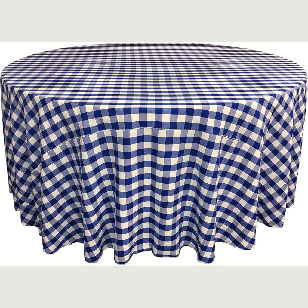 WHITE/ROYAL - Polyester Gingham Checkered Tablecloth - Round Table Cover Overlay for Wedding Birthday Party Baby Bridal Shower. Choose Size