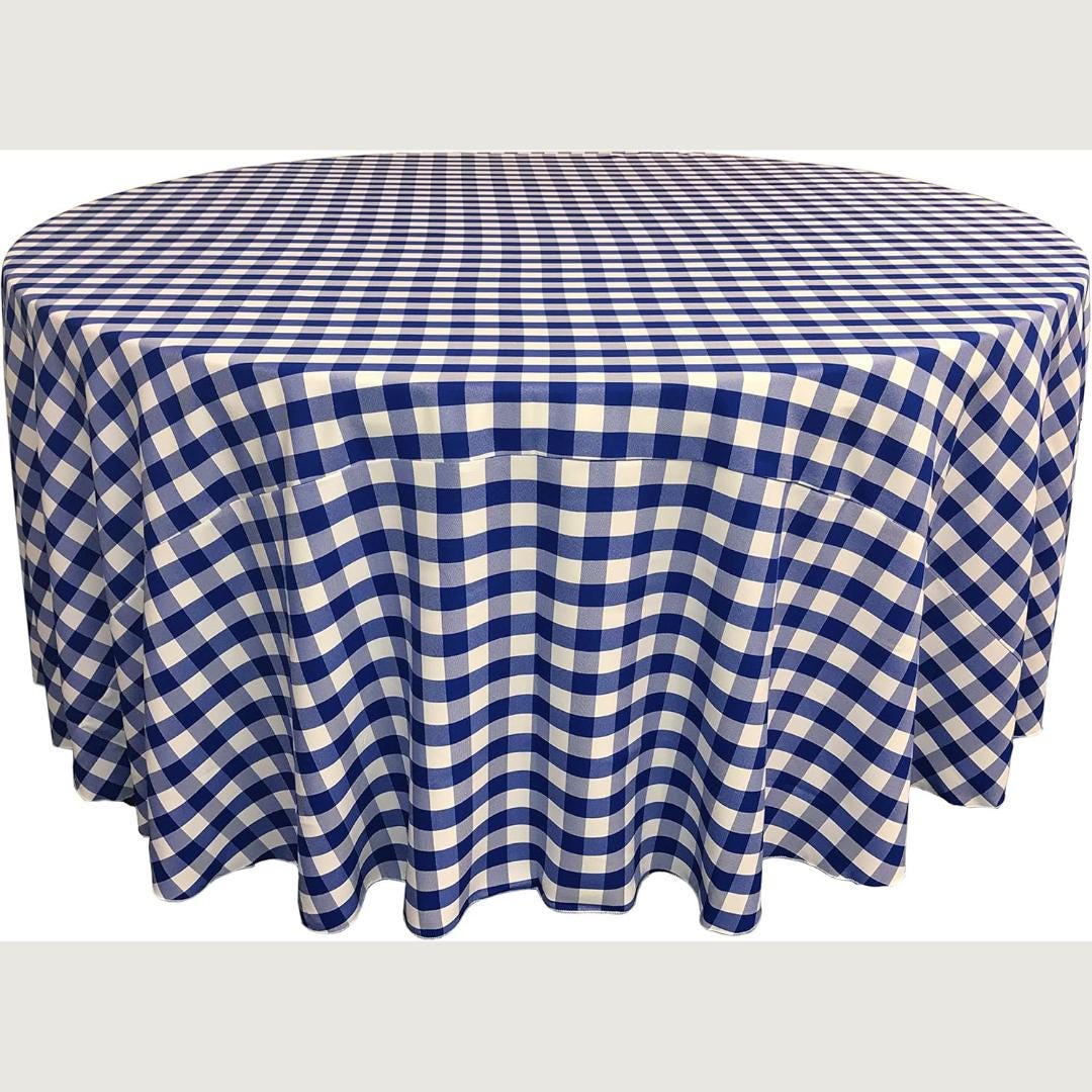 WHITE/ROYAL - Polyester Gingham Checkered Tablecloth - Round Table Cover Overlay for Wedding Birthday Party Baby Bridal Shower. Choose Size