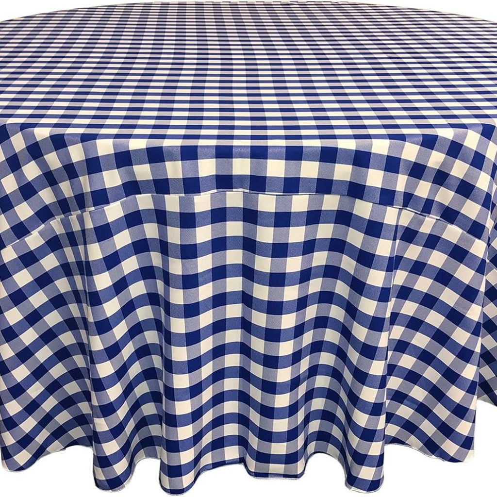 WHITE/ROYAL - Polyester Gingham Checkered Tablecloth - Round Table Cover Overlay for Wedding Birthday Party Baby Bridal Shower. Choose Size