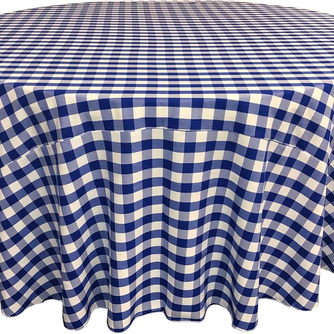 WHITE/ROYAL - Polyester Gingham Checkered Tablecloth - Round Table Cover Overlay for Wedding Birthday Party Baby Bridal Shower. Choose Size