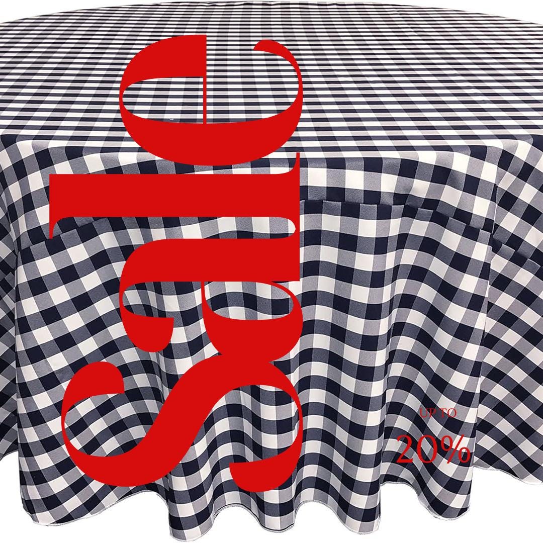 WHITE/NAVY - Polyester Gingham Checkered Tablecloth - Round Table Cover Overlay for Wedding Birthday Party Baby Bridal Shower. Choose Size