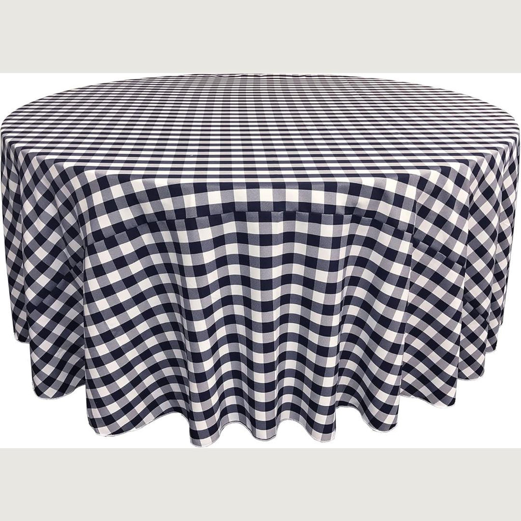 WHITE/NAVY - Polyester Gingham Checkered Tablecloth - Round Table Cover Overlay for Wedding Birthday Party Baby Bridal Shower. Choose Size