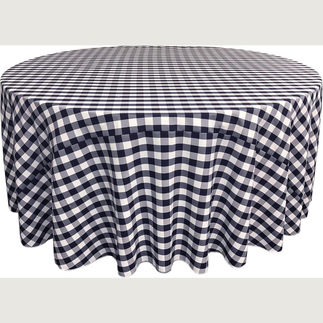 WHITE/NAVY - Polyester Gingham Checkered Tablecloth - Round Table Cover Overlay for Wedding Birthday Party Baby Bridal Shower. Choose Size