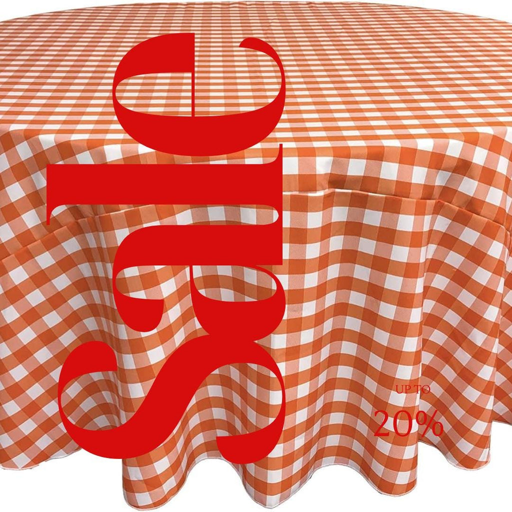 WHITE/ORANGE - Polyester Gingham Checkered Tablecloth - Round Table Cover Overlay for Wedding Birthday Party Baby Bridal Shower. Choose Size