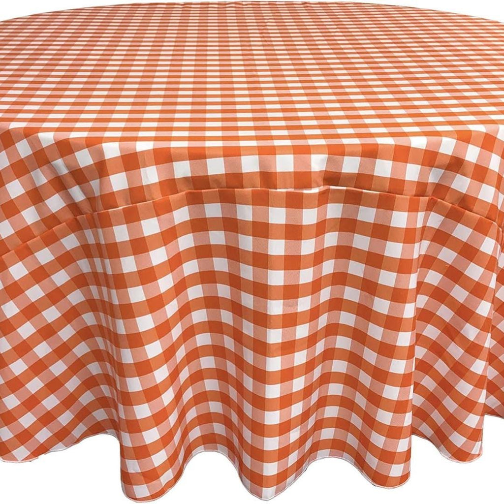WHITE/ORANGE - Polyester Gingham Checkered Tablecloth - Round Table Cover Overlay for Wedding Birthday Party Baby Bridal Shower. Choose Size