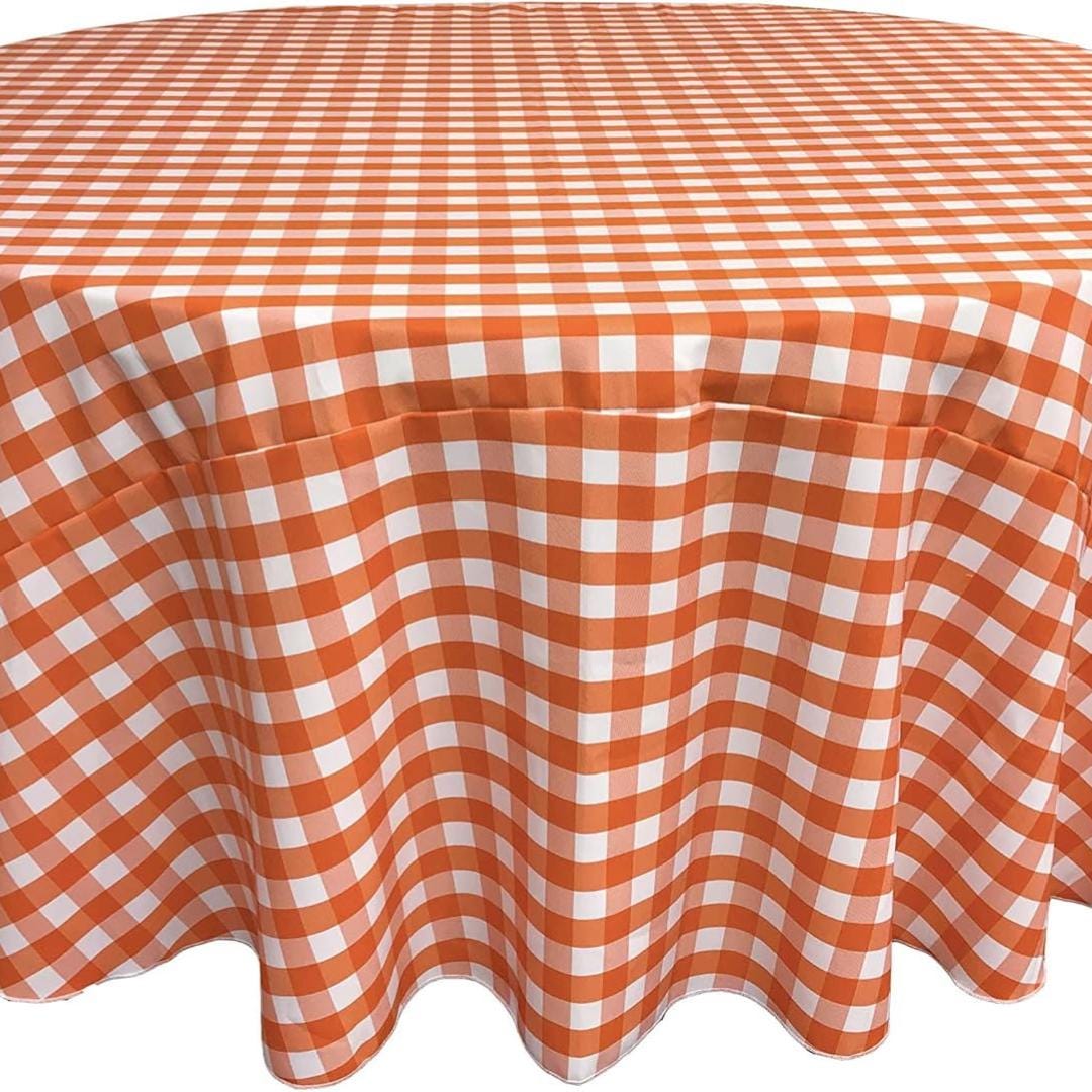 WHITE/ORANGE - Polyester Gingham Checkered Tablecloth - Round Table Cover Overlay for Wedding Birthday Party Baby Bridal Shower. Choose Size