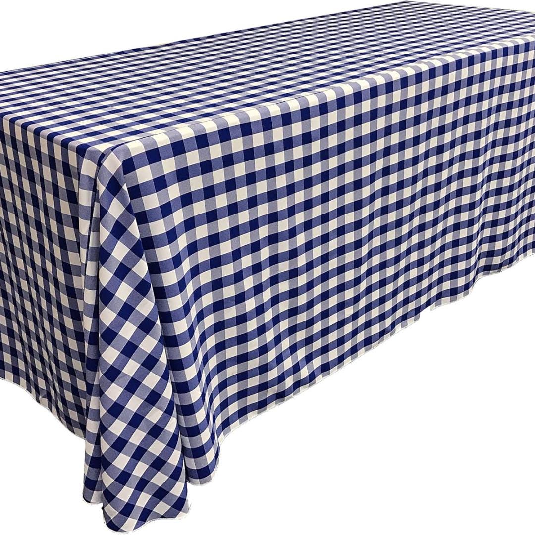 WHITE/ROYAL - Polyester Gingham Checkered Rectangular - Table Cover Overlay for Wedding Birthday Party Baby Bridal Shower. Choose Size