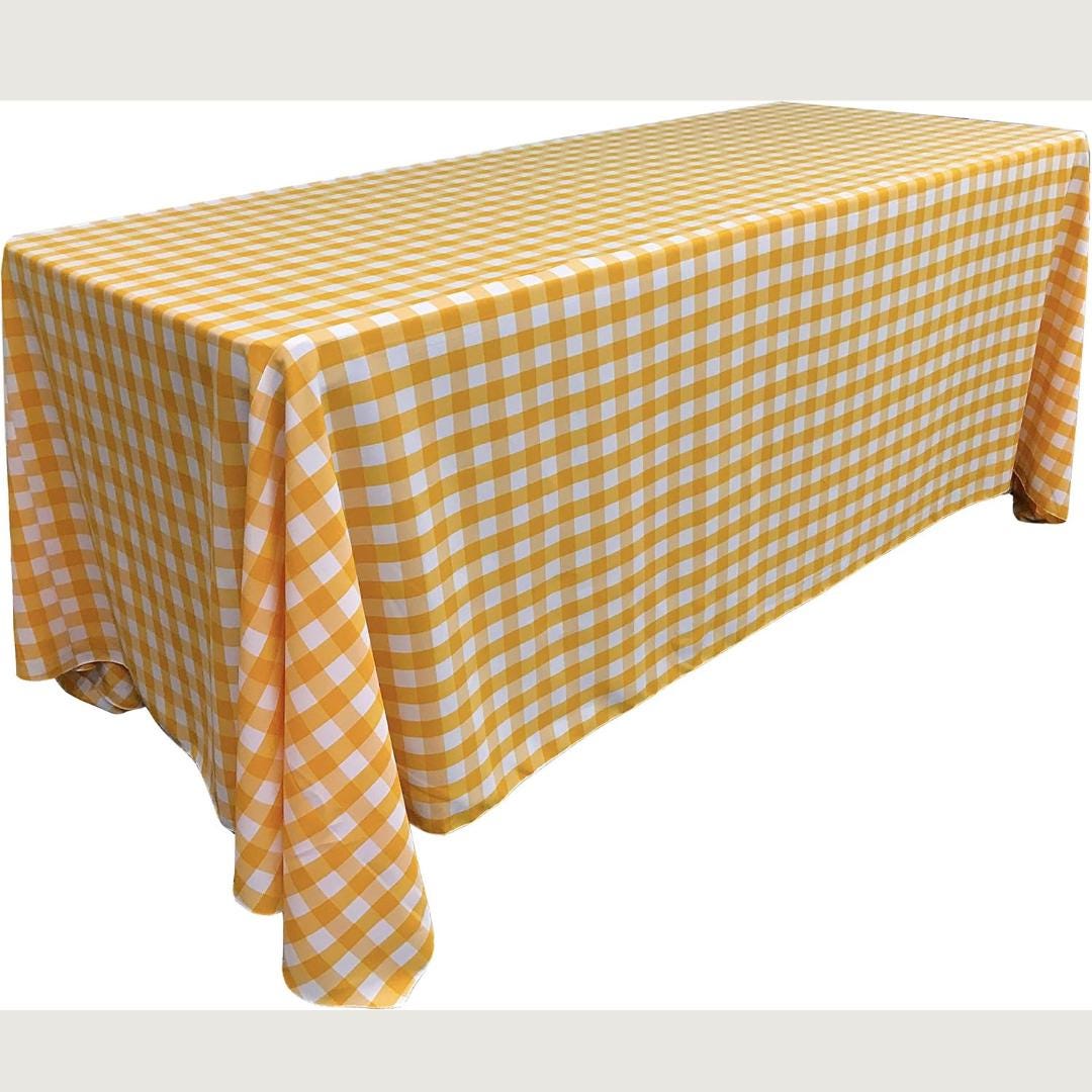 WHITE/YELLOW - Polyester Gingham Checkered Rectangular - Table Cover Overlay for Wedding Birthday Party Baby Bridal Shower. Choose Size