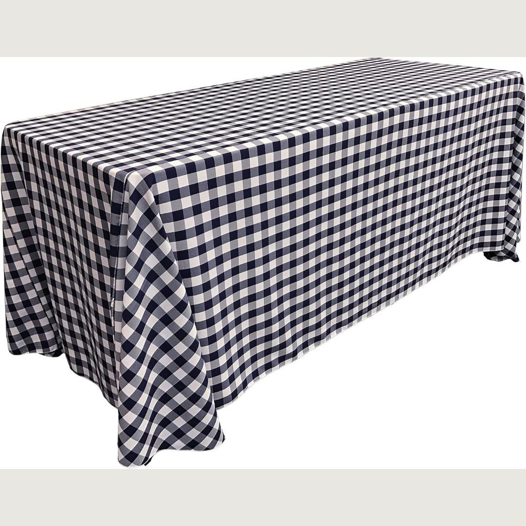 WHITE/NAVY - Polyester Gingham Checkered Rectangular - Table Cover Overlay for Wedding Birthday Party Baby Bridal Shower. Choose Size