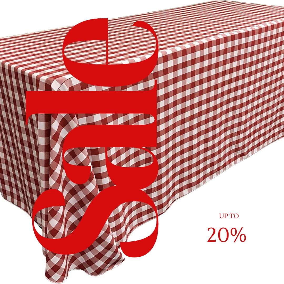 WHITE/RED - Polyester Gingham Checkered Rectangular - Table Cover Overlay for Wedding Birthday Party Baby Bridal Shower. Choose Size