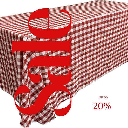 WHITE/RED - Polyester Gingham Checkered Rectangular - Table Cover Overlay for Wedding Birthday Party Baby Bridal Shower. Choose Size