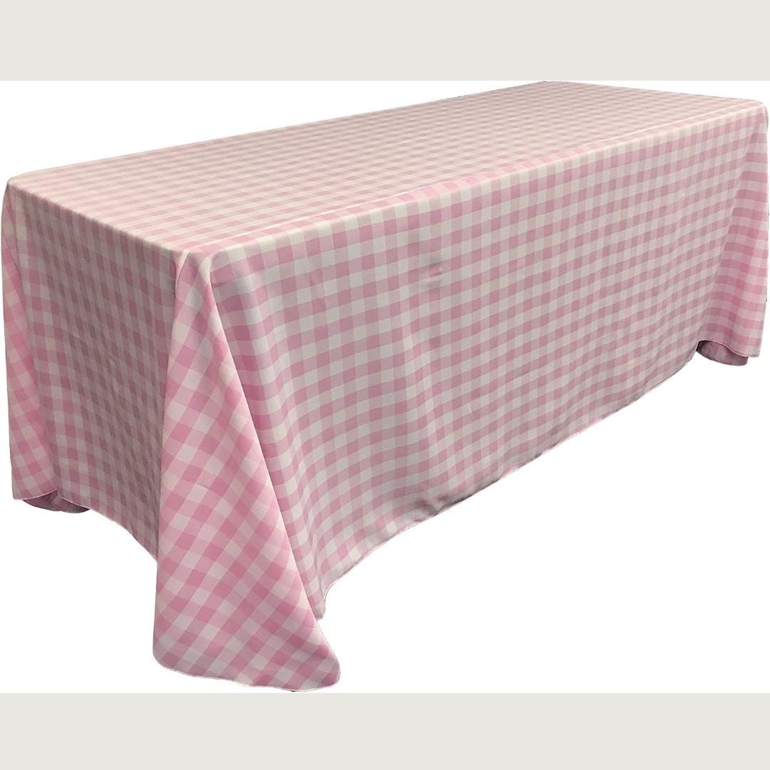WHITE/PINK - Polyester Gingham Checkered Rectangular - Table Cover Overlay for Wedding Birthday Party Baby Bridal Shower. Choose Size