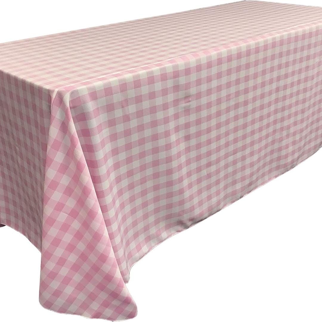 WHITE/PINK - Polyester Gingham Checkered Rectangular - Table Cover Overlay for Wedding Birthday Party Baby Bridal Shower. Choose Size