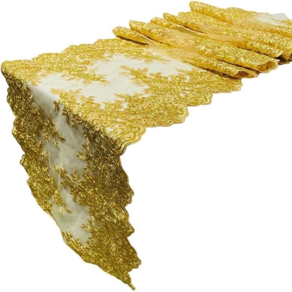 GOLD - 14" Wide X 90" Long Sequins Metallic Embroidered Lace on Mesh Fabric, Trim Lace, Table Runner