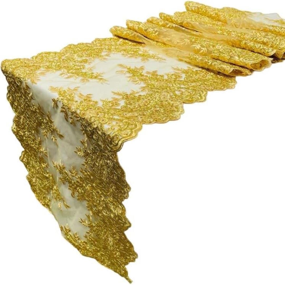 GOLD - 14" Wide X 90" Long Sequins Metallic Embroidered Lace on Mesh Fabric, Trim Lace, Table Runner