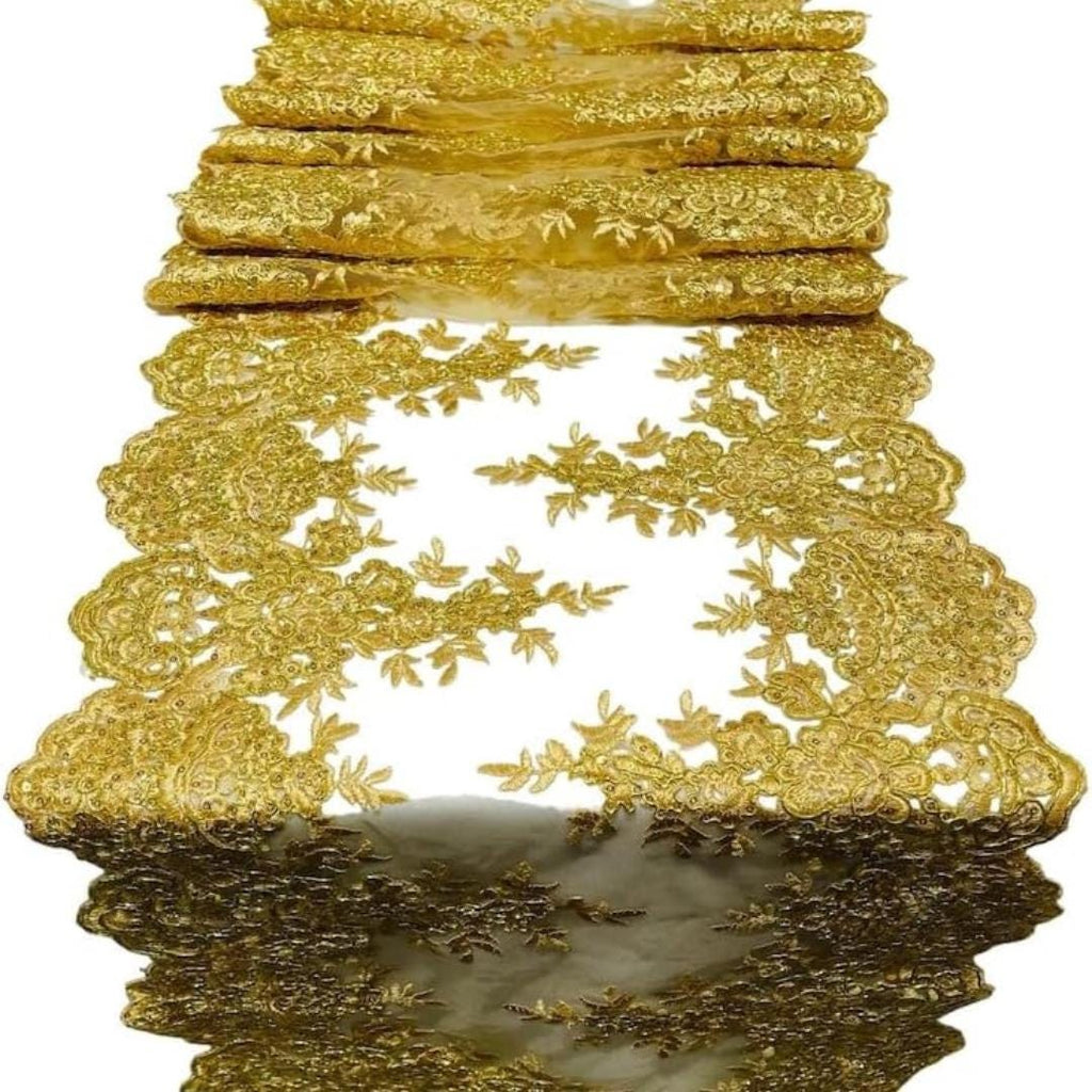 GOLD - 14" Wide X 90" Long Sequins Metallic Embroidered Lace on Mesh Fabric, Trim Lace, Table Runner