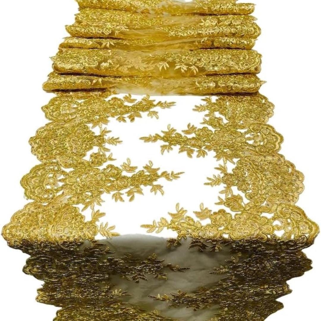 GOLD - 14" Wide X 90" Long Sequins Metallic Embroidered Lace on Mesh Fabric, Trim Lace, Table Runner