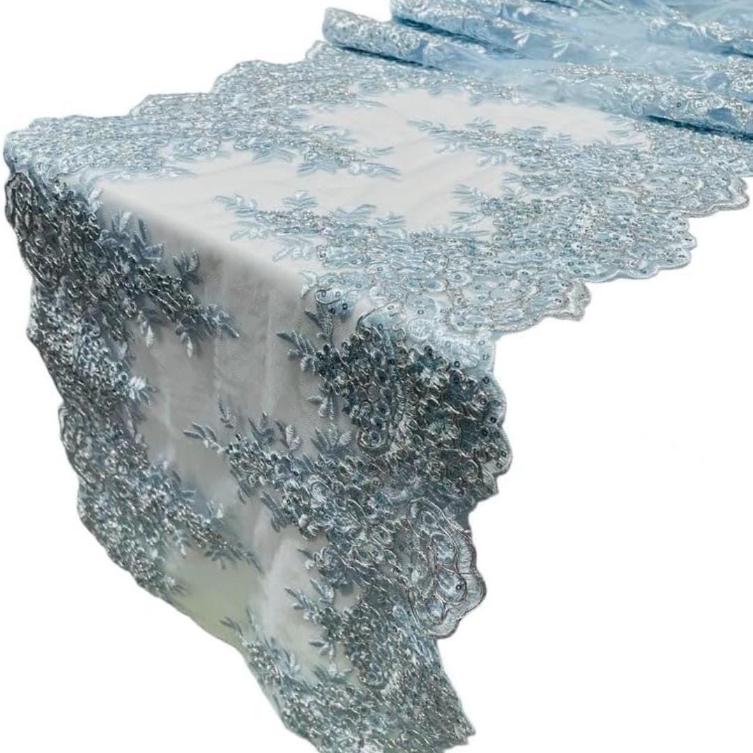 LT BLUE - 14" Wide X 90" Long Sequins Metallic Embroidered Lace on Mesh Fabric, Trim Lace, Table Runner
