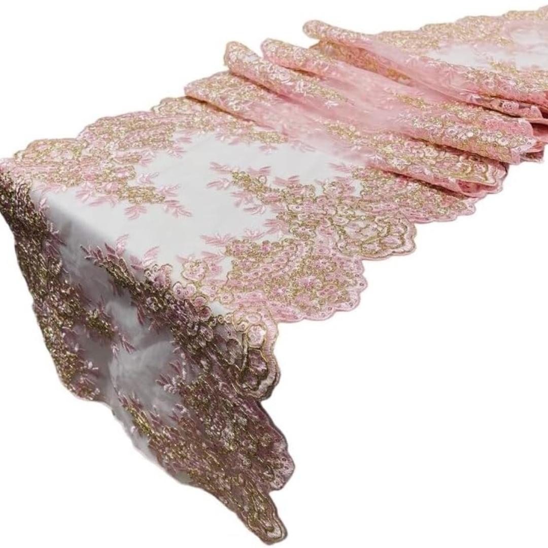 LT PINK - 14" Wide X 90" Long Sequins Metallic Embroidered Lace on Mesh Fabric, Trim Lace, Table Runner