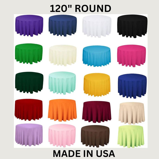 120" ROUND - Polyester Round Poplin Washable Tablecloth - Table Cover Fabric Cloth for Dinning, Kitchen, Party, Holiday. Choose Color