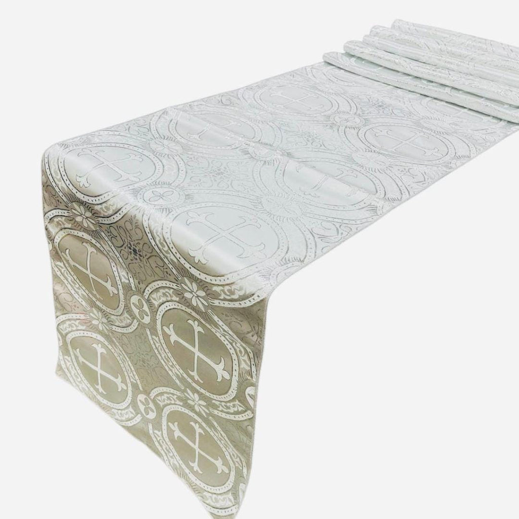 SILVER - 14" Wide X 90" Long Religious Brocade Runner Tablecloth | Liturgical Fabric | Runner Ecclesiastical Jacquard | Church | Vestment