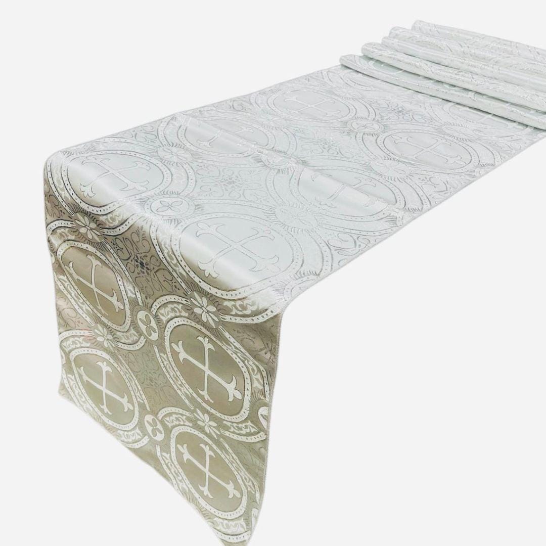 SILVER - 14" Wide X 90" Long Religious Brocade Runner Tablecloth | Liturgical Fabric | Runner Ecclesiastical Jacquard | Church | Vestment