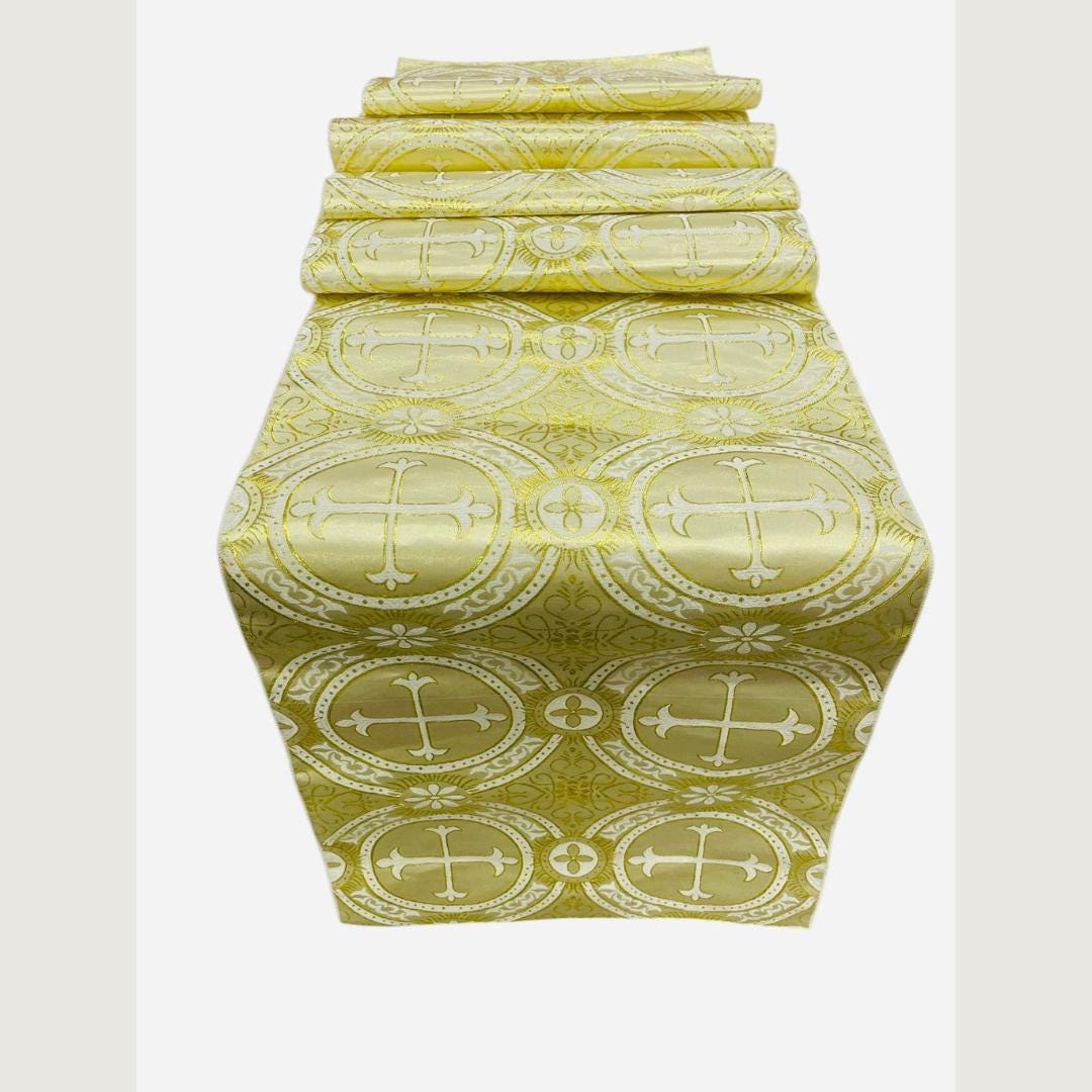 GOLD - 14" Wide X 90" Long Religious Brocade Runner Tablecloth | Liturgical Fabric | Runner Ecclesiastical Jacquard | Church | Vestment