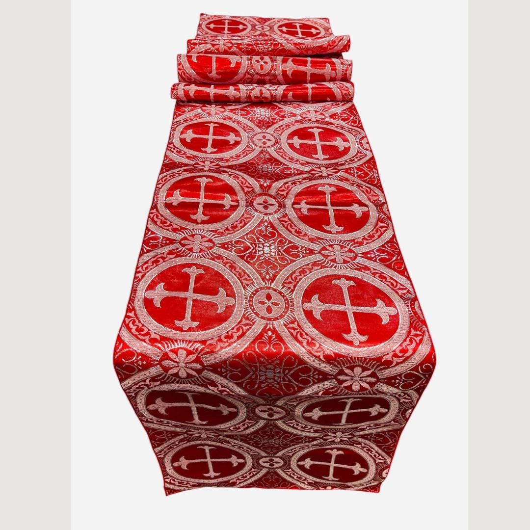 RED - 14" Wide X 90" Long Religious Brocade Runner Tablecloth | Liturgical Fabric | Runner Ecclesiastical Jacquard | Church | Vestment