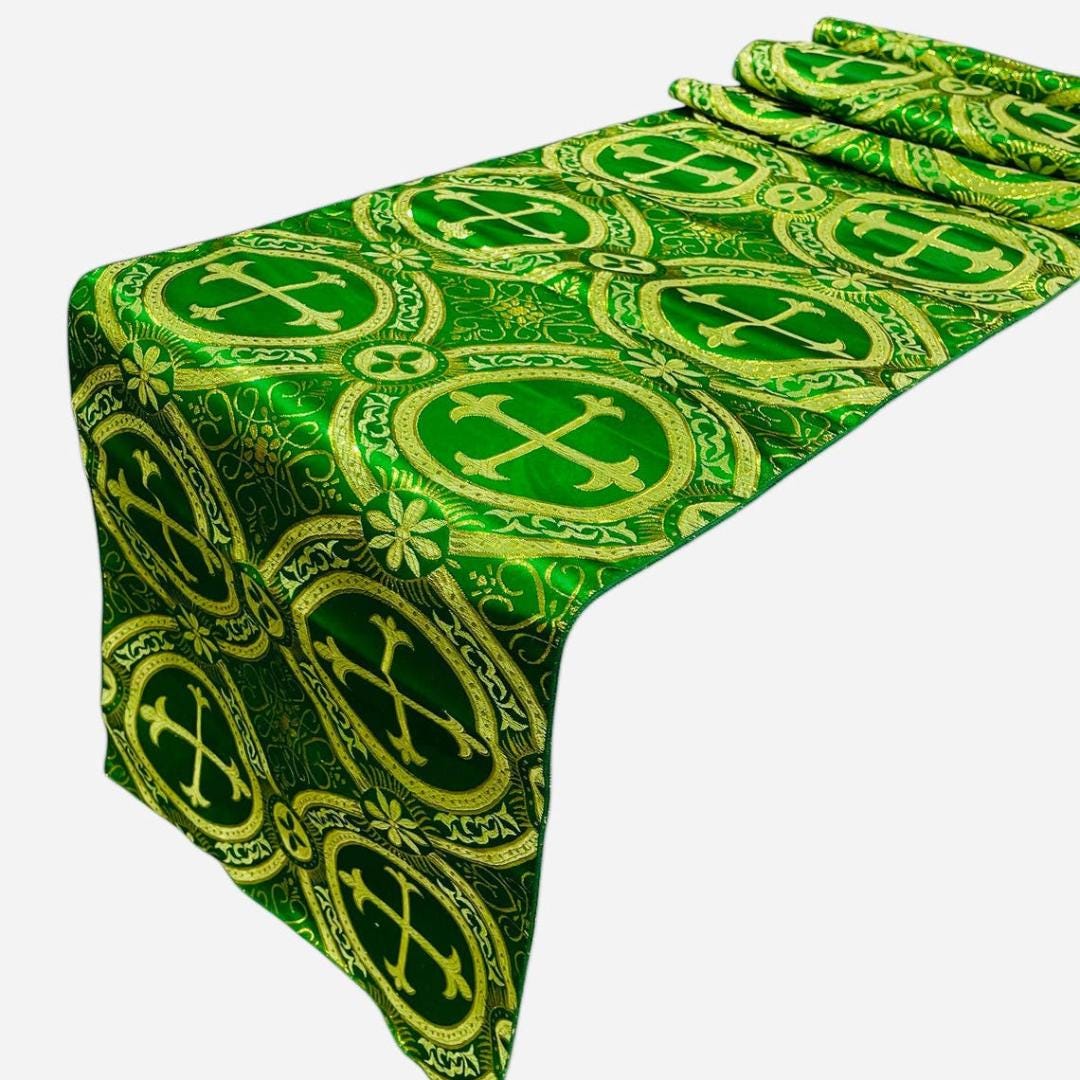 GREEN - 14" Wide X 90" Long Religious Brocade Runner Tablecloth | Liturgical Fabric | Runner Ecclesiastical Jacquard | Church | Vestment