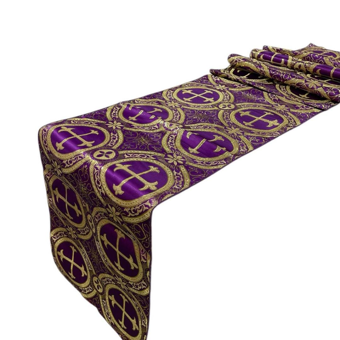 PURPLE - 14" Wide X 90" Long Religious Brocade Runner Tablecloth | Liturgical Fabric | Runner Ecclesiastical Jacquard | Church | Vestment