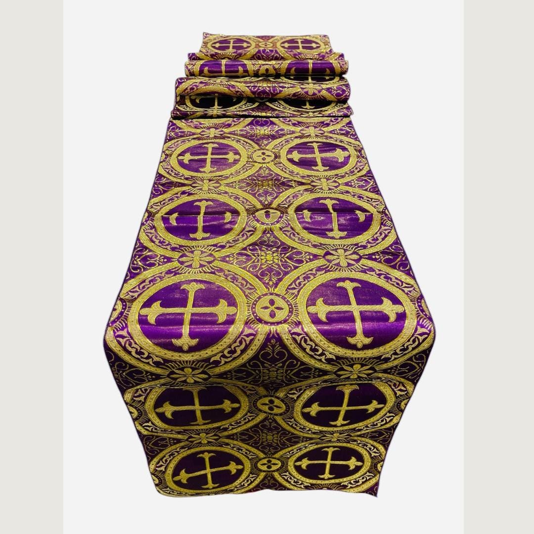 PURPLE - 14" Wide X 90" Long Religious Brocade Runner Tablecloth | Liturgical Fabric | Runner Ecclesiastical Jacquard | Church | Vestment