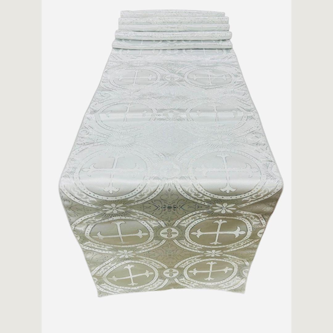 SILVER - 14" Wide X 90" Long Religious Brocade Runner Tablecloth | Liturgical Fabric | Runner Ecclesiastical Jacquard | Church | Vestment