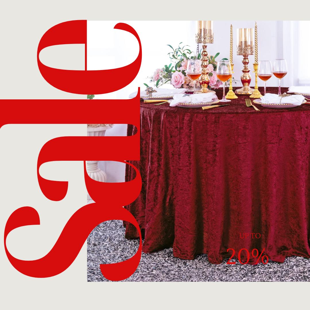 Crushed Velvet Tablecloth - BURGUNDY -  Luxurious Round Table Cover  for Weddings, Parties, Baby Showers and Events. Choose Size Below