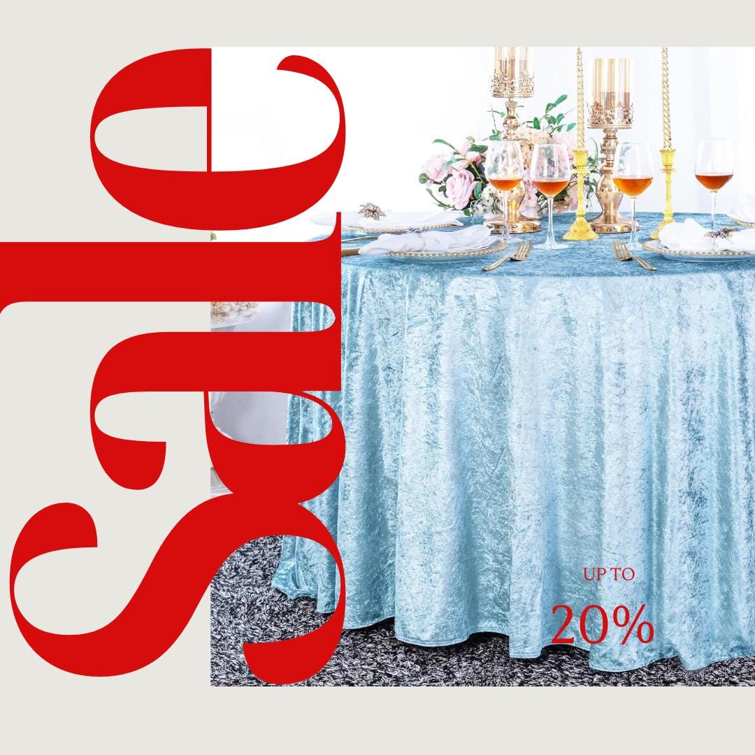 Crushed Velvet Tablecloth - LT BLUE -  Luxurious Round Table Cover  for Weddings, Parties, Baby Showers and Events. Choose Size Below