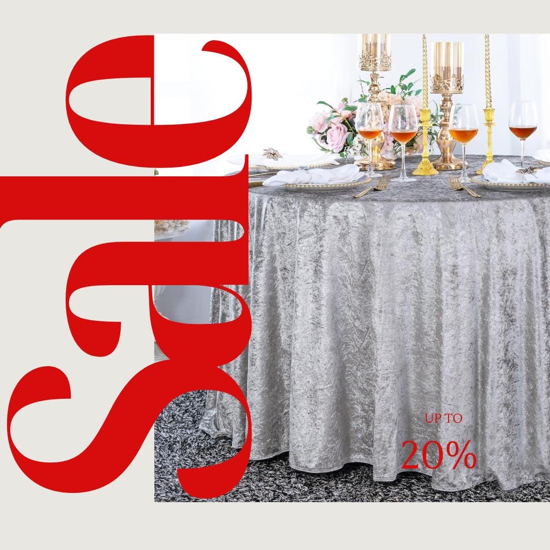 Crushed Velvet Tablecloth - SILVER -  Luxurious Round Table Cover  for Weddings, Parties, Baby Showers and Events. Choose Size Below