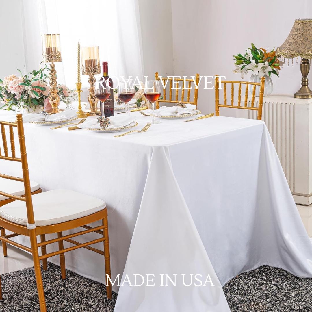 Royal Velvet Tablecloth - WHITE - Luxurious Rectangular Table Cover for Weddings, Parties, Baby Showers and Events. Choose Size Below
