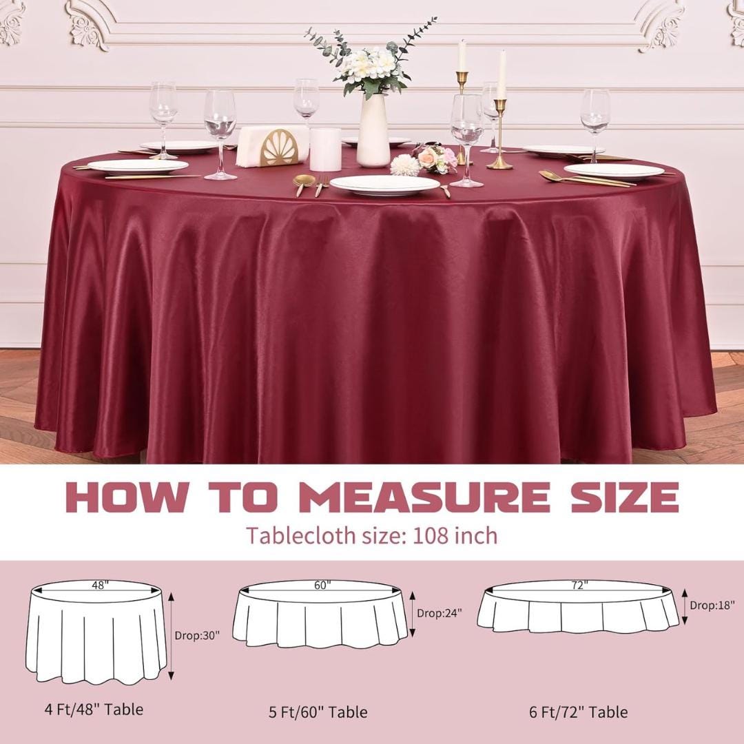 BURGUNDY SATIN - Table Cloth Covers for Round Tables- Round Satin Table Cloth for Wedding Banquet Decoration - Cloths. Choose Size Below