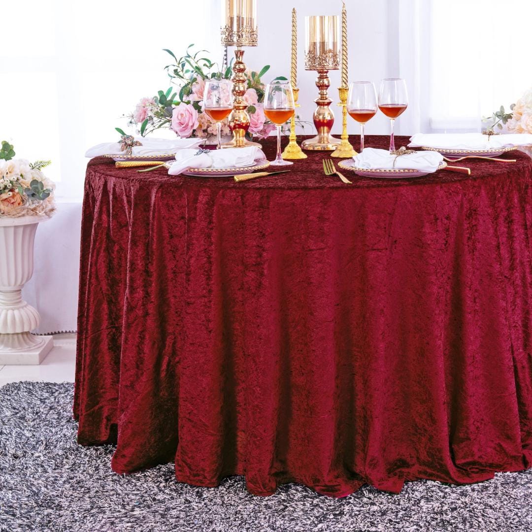 Crushed Velvet Tablecloth - BURGUNDY -  Luxurious Round Table Cover  for Weddings, Parties, Baby Showers and Events. Choose Size Below