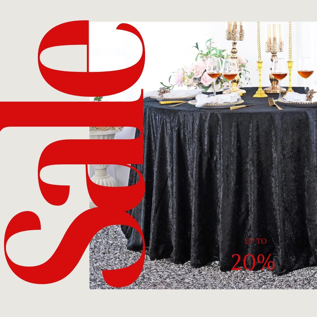 Crushed Velvet Tablecloth - BLACK -  Luxurious Round Table Cover  for Weddings, Parties, Baby Showers and Events. Choose Size Below