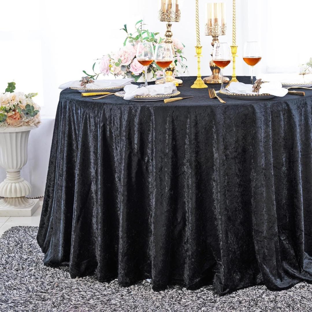 Crushed Velvet Tablecloth - BLACK -  Luxurious Round Table Cover  for Weddings, Parties, Baby Showers and Events. Choose Size Below
