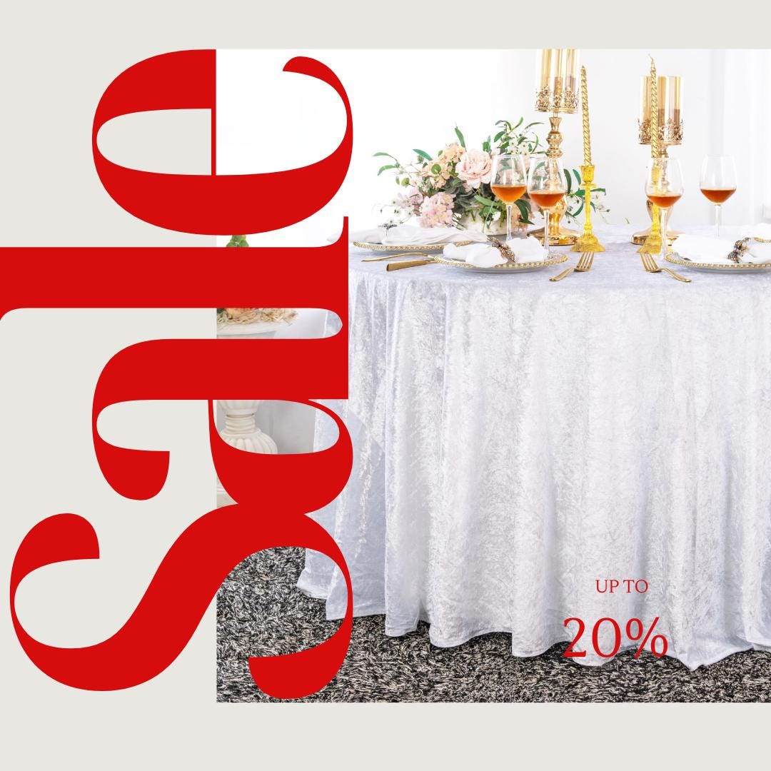 Crushed Velvet Tablecloth - WHITE -  Luxurious Round Table Cover  for Weddings, Parties, Baby Showers and Events. Choose Size Below