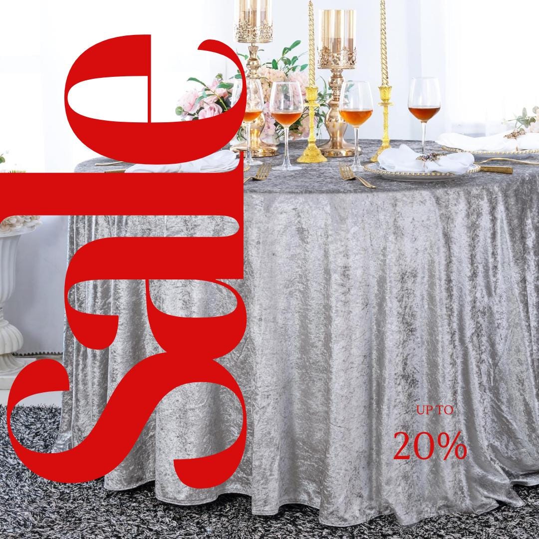 Crushed Velvet Tablecloth - SILVER -  Luxurious Round Table Cover  for Weddings, Parties, Baby Showers and Events. Choose Size Below