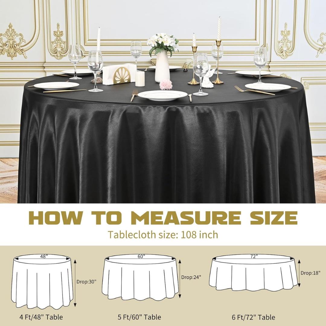 BLACK SATIN - Table Cloth Covers for Round Tables- Round Satin Table Cloth for Wedding Banquet Decoration- Table Cloths. Choose Size Below