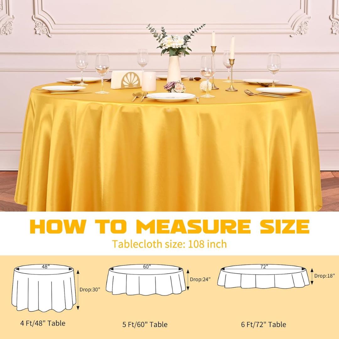 GOLD SATIN - Table Cloth Covers for Round Tables- Round Satin Table Cloth for Wedding Banquet Decoration- Table Cloths. Choose Size Below