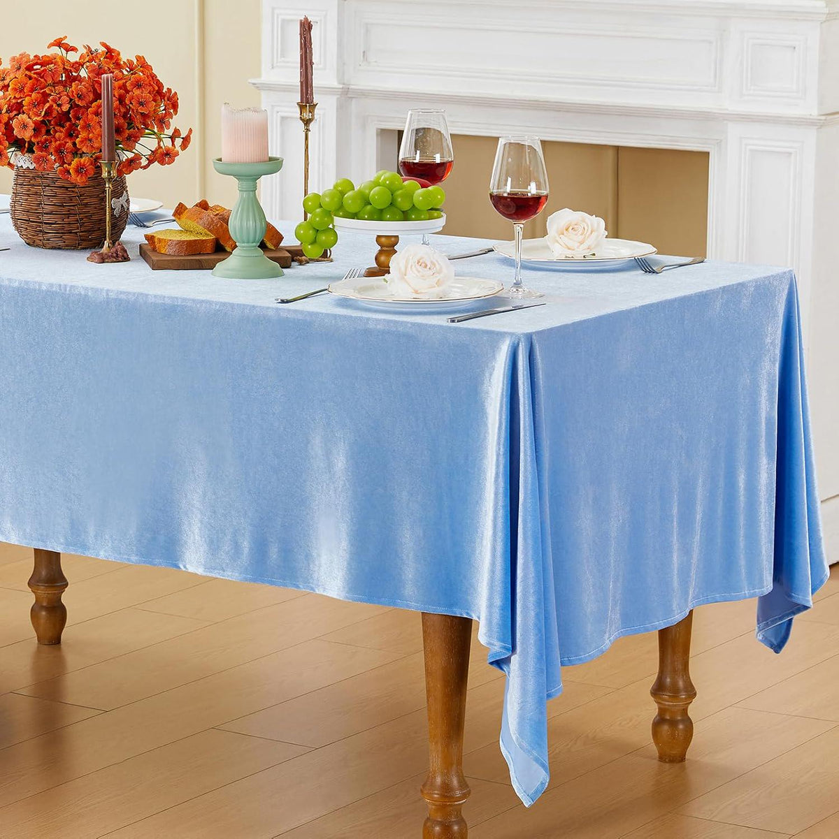 Rectangular Stretch Velvet Tablecloth - LT BLUE - Luxurious Table Cover Beautiful for Weddings Parties, Baby Showers and Events. Choose Size