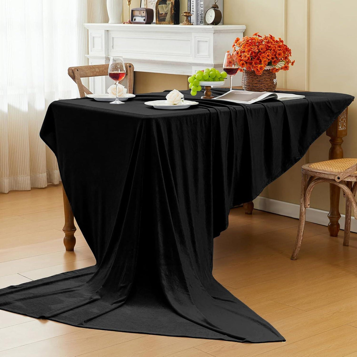 Rectangular Stretch Velvet Tablecloth - BLACK -  Luxurious Table Cover Beautiful for Weddings, Parties, Baby Showers and Events. Choose Size
