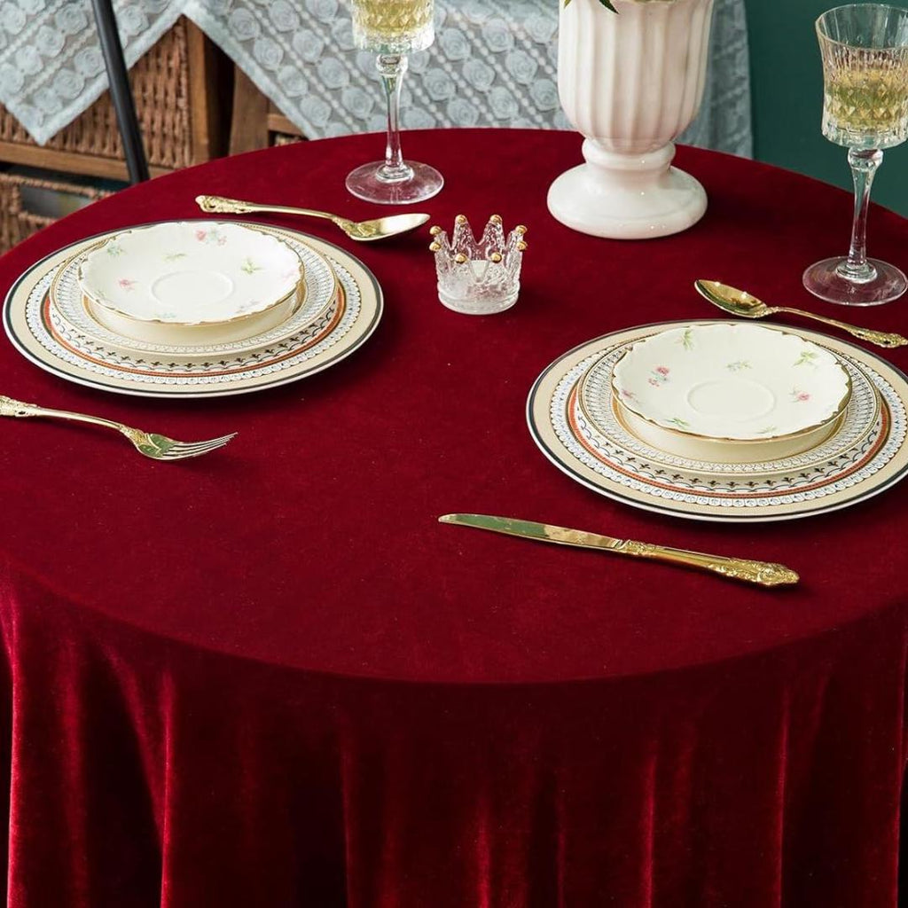 Round Luxurious Stretch Velvet Tablecloth - DK RED - Washable Table Cover for Party Wedding Baby Shower Dinning Decoration. Choose size