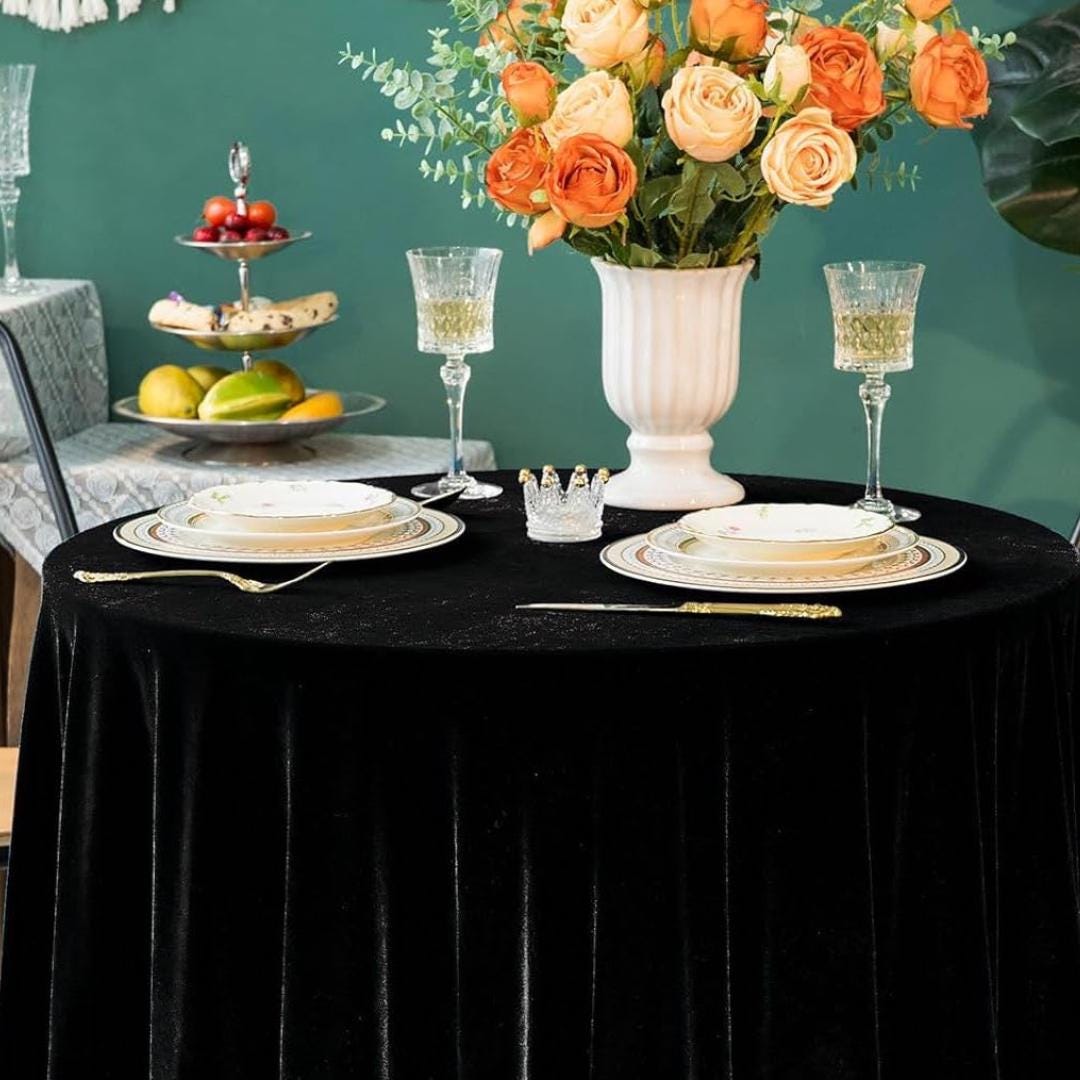 Round Luxurious Stretch Velvet Tablecloth - BLACK - Washable Table Cover for Party Wedding Baby Shower Dinning Decoration. Choose size Below