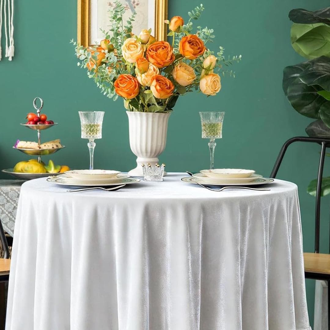Round Luxurious Stretch Velvet Tablecloth - WHITE - Washable Table Cover for Party Wedding Baby Shower Dinning Decoration. Choose size Below
